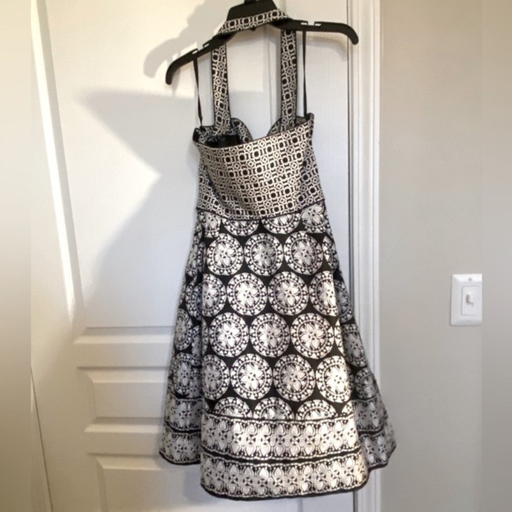 White House Black Market 100% silk black and white printed halter dress. - Picture 3 of 12
